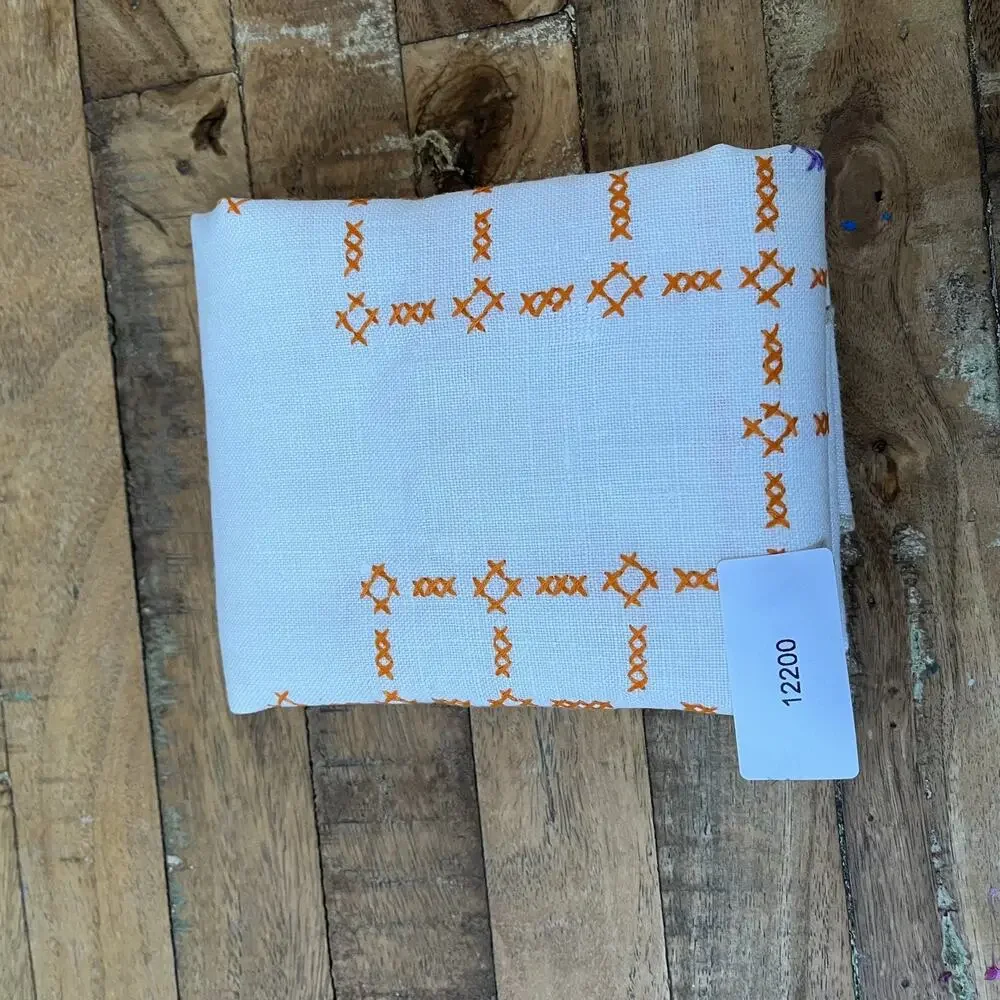 Vintage Linen Table Runner 13 x 38 in Cross Stitched White Purple Flowers